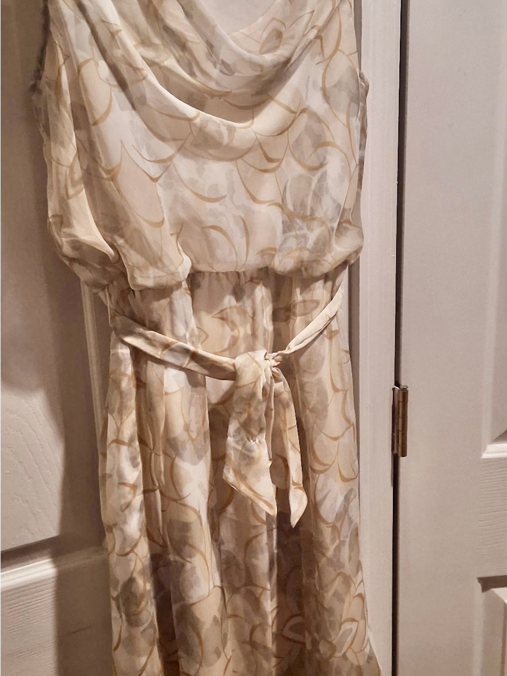 The Limited Off White Sheer Cowl Neck Dress with Tan Accents